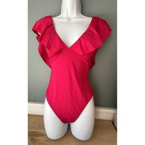 TRINA TURK Marai Ruffled Embossed Plunge Hot Pink One-Piece Swimsuit Size 6